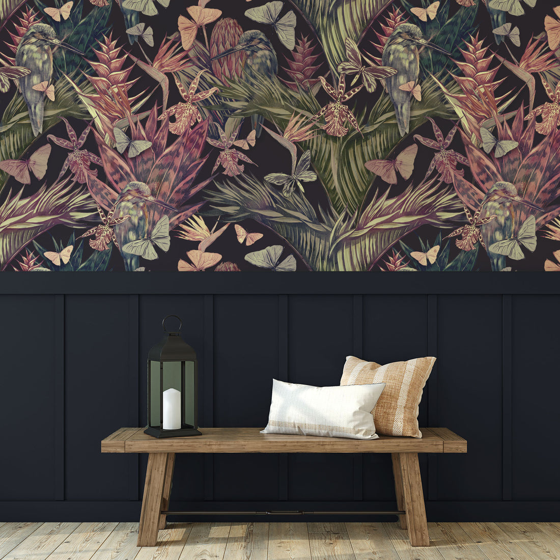 Papier Peint Floral Colibri et Papillon Violet Foncé - Removable Wallpaper (Peel & Stick)