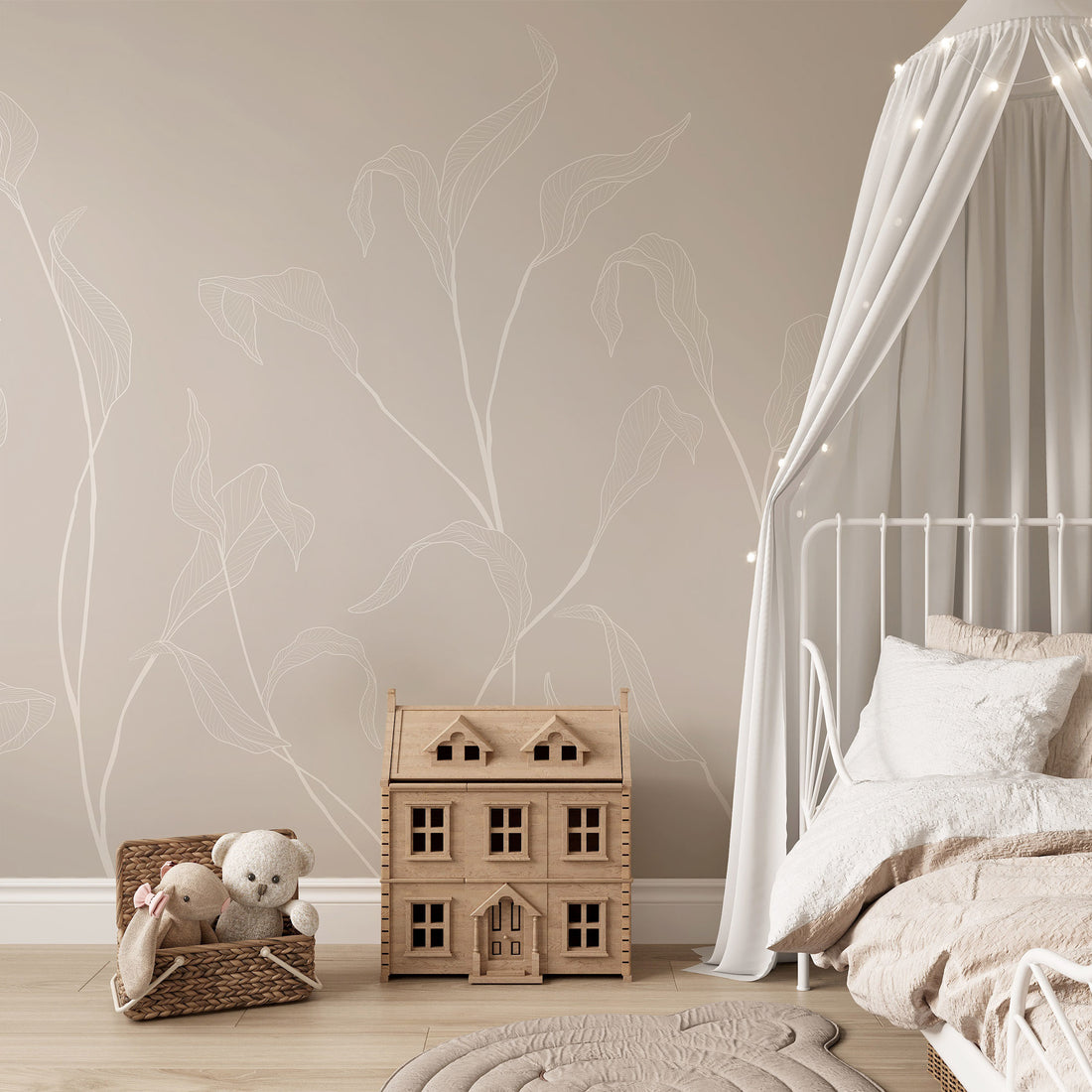 Papier Peint Fresque Fleurs Scandi Beige Neutre - Removable Vinyl (Peel & Stick)