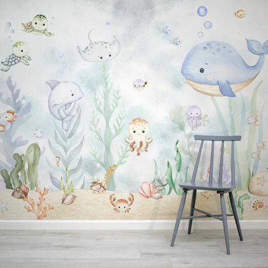 Caspian Baby Watercolour Ocean Life Nursery Wallpaper Mural with Blue Chair