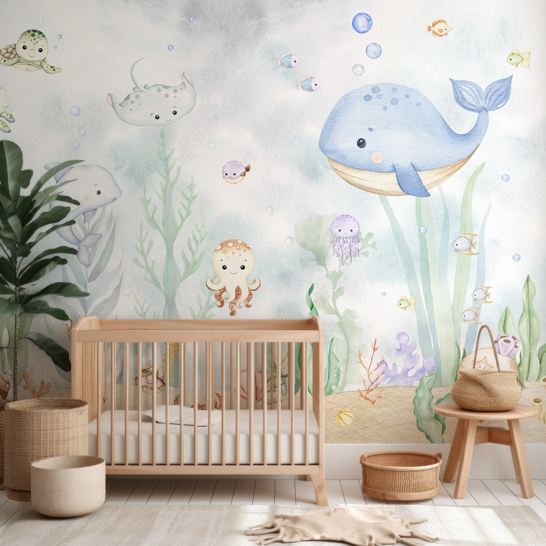 Papier peint panoramique de la chambre de bébé aquarelle ocean life - Removable Wallpaper (Peel & Stick)