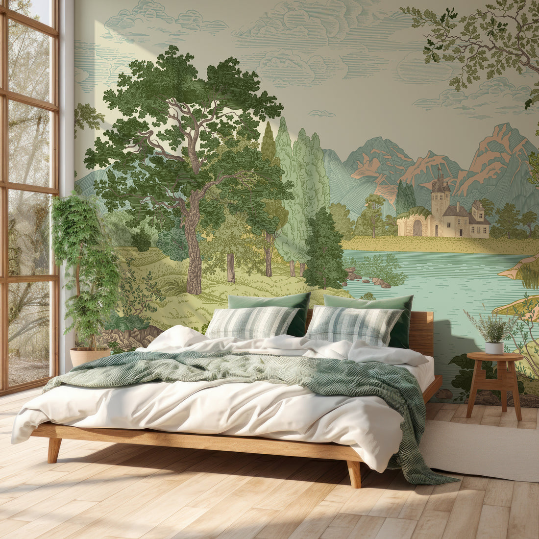 Papier Peint Panoramique Château Au Bord du Lac - Removable Wallpaper (Peel & Stick)