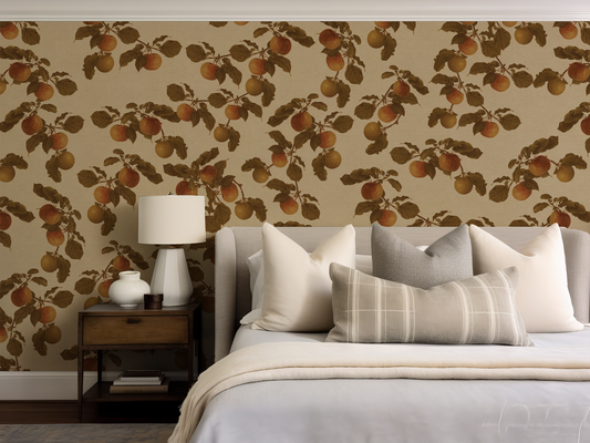 Cézanne Wallpaper in a bedroom with white cushions and side table 