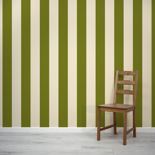 Wooden chair against a wall with green and beige vertical stripes