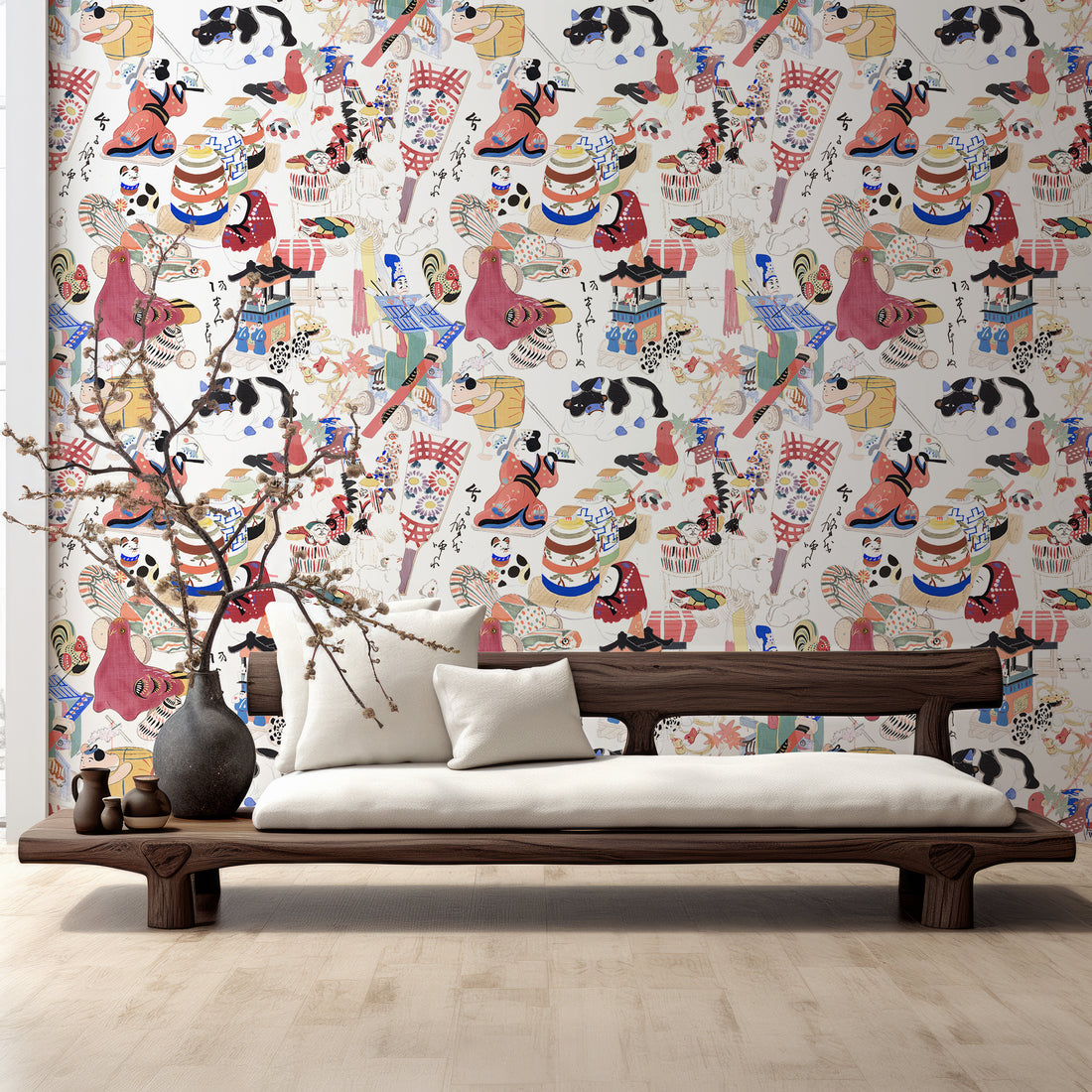 Papier peint panoramique de jouets japonais dessinés à la main - Removable Wallpaper (Peel & Stick)