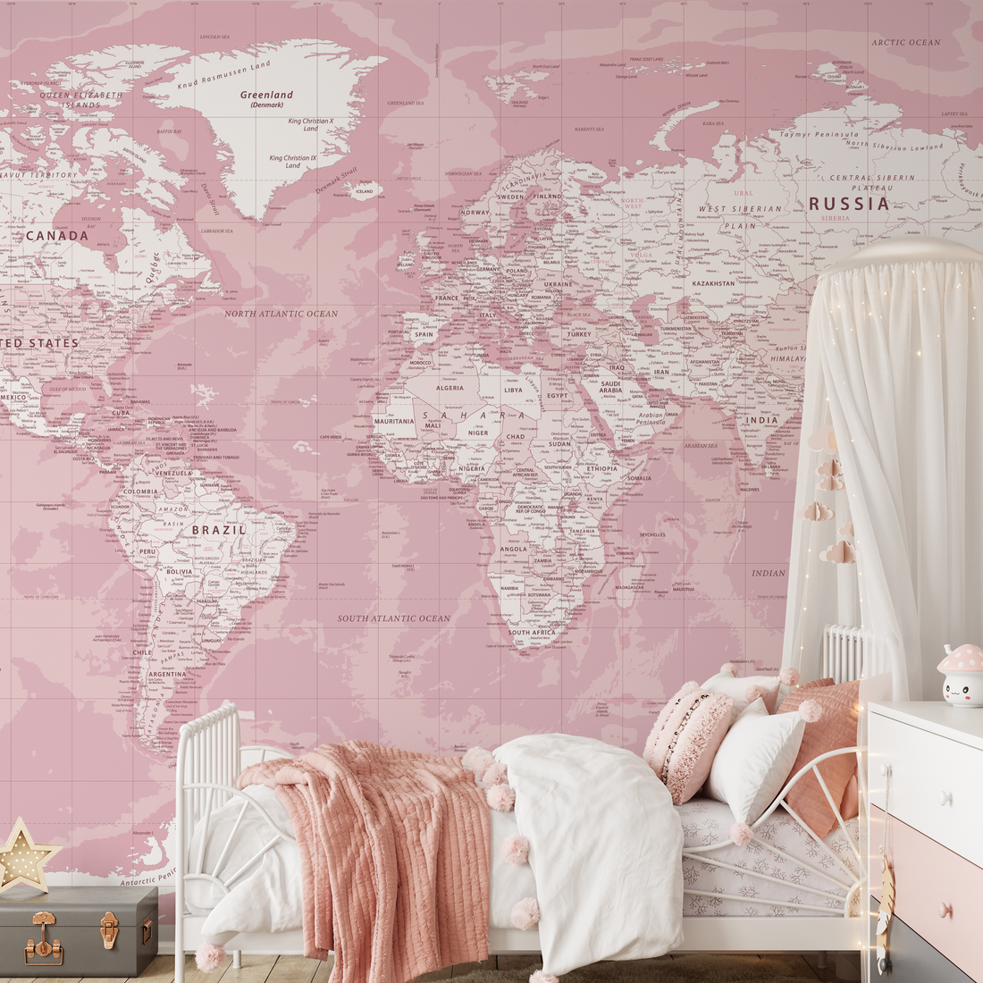 Papier Peint Panoramique Carte du Monde Rose - Removable Wallpaper (Peel & Stick)