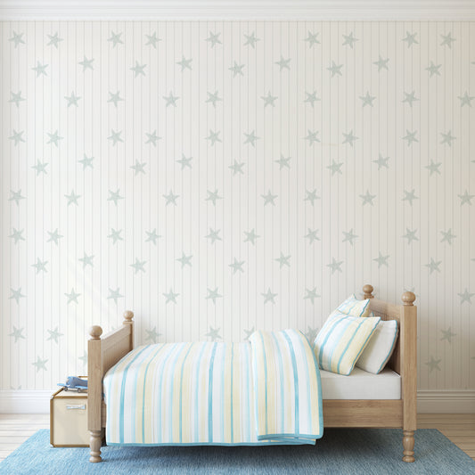Cove - Green Pinstripe Starfish Wallpaper Mural