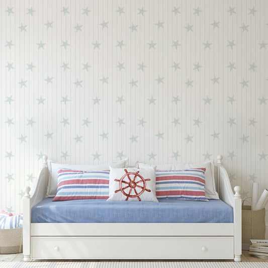 Cove - Green Pinstripe Starfish Wallpaper Mural