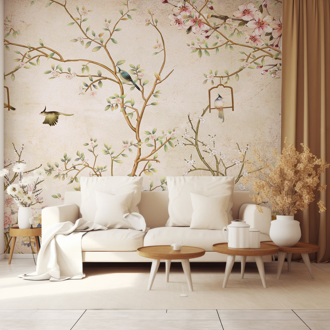 Papier peint panoramique branches et oiseaux Chinoiserie or et rose - Removable Wallpaper (Peel & Stick)