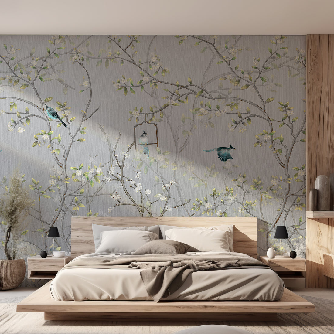 Papier peint panoramique Branches et oiseaux Chinoiserie gris - Removable Wallpaper (Peel & Stick)