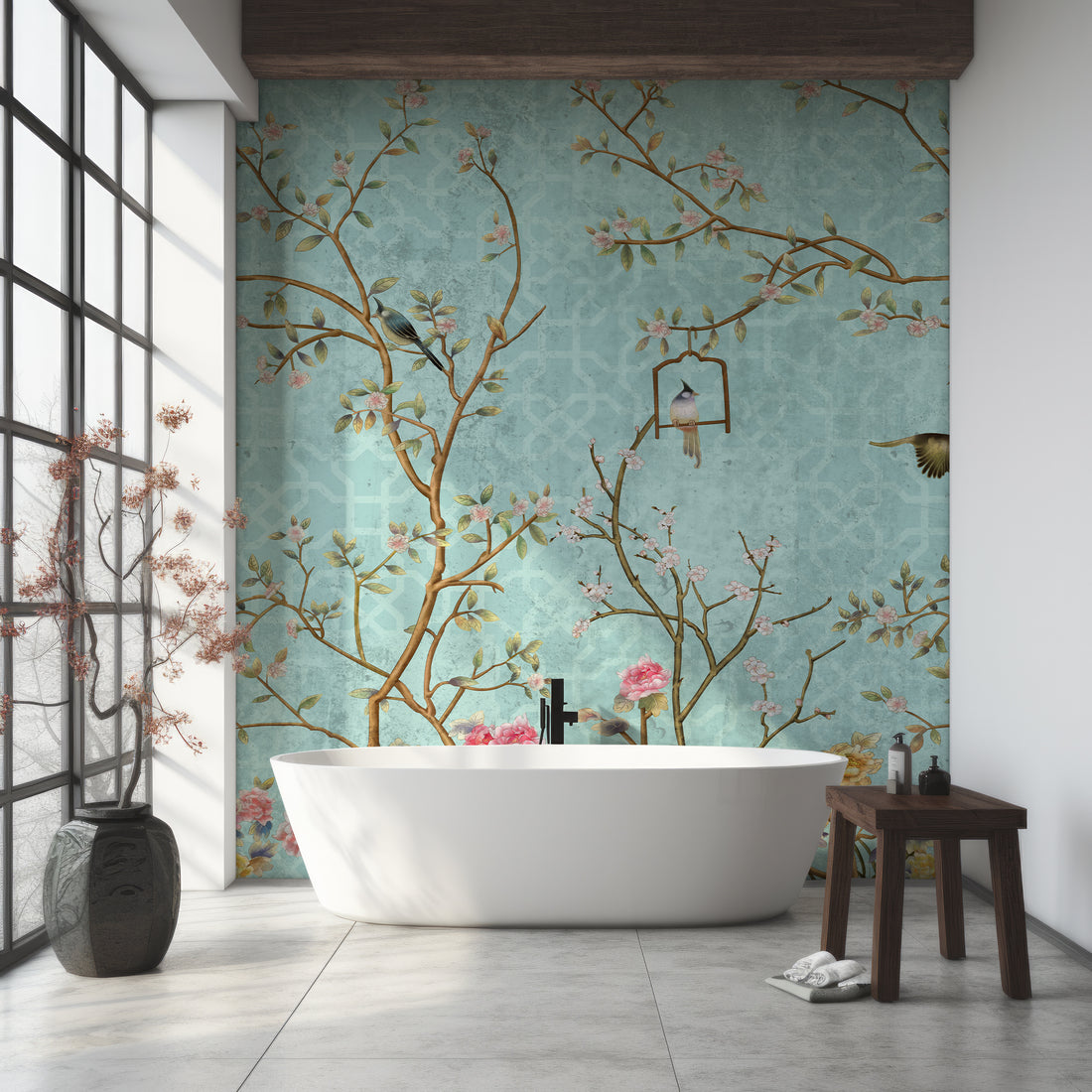 Papier Peint Panoramique Turquoise Chinoiserie Branches et Oiseaux - Removable Vinyl (Peel & Stick)