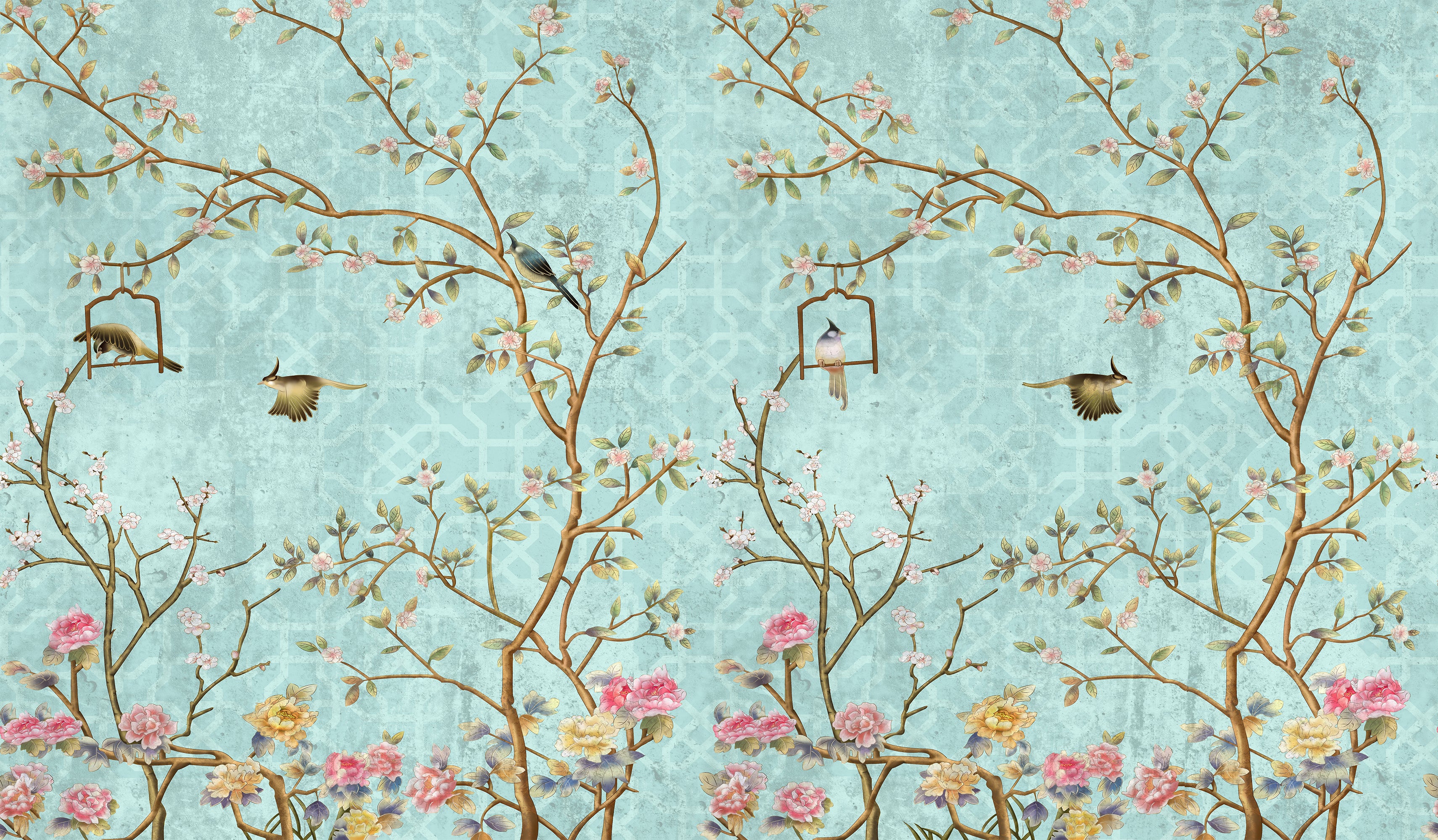 Chisine - Papier Peint Panoramique Turquoise Chinoiserie Branches et Oiseaux