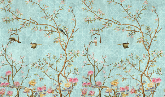 Chisine - Papier Peint Panoramique Turquoise Chinoiserie Branches et Oiseaux