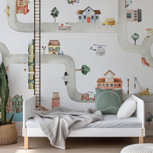City of Vehicles Wallpaper In Child's Bedroom With Green Bedding With White Bed And White Bed Frame