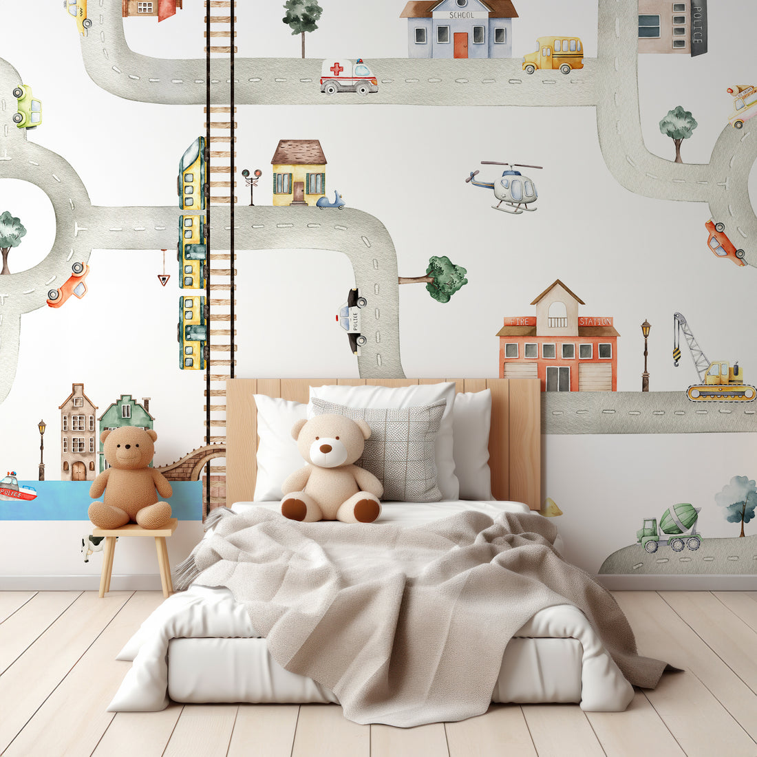 Papier Peint Panoramique Aquarelle Ville Ferroviaire - Removable Wallpaper (Peel & Stick)