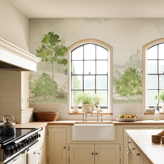 Cotswold in farmhouse style kitchen with large windows