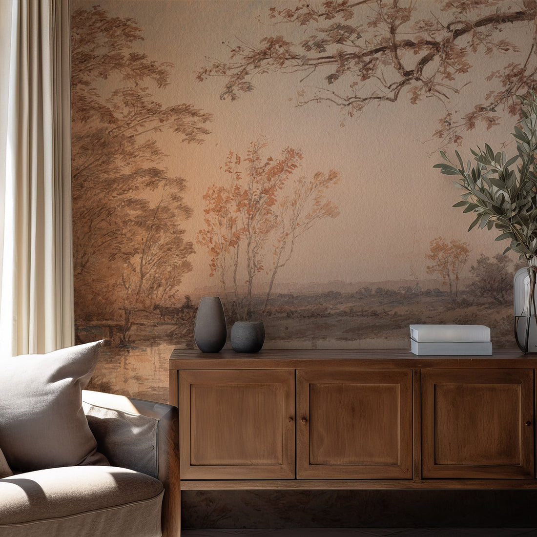 Papier peint mural aquarelle paysage d'automne au bord d'un lac - Traditional Wallpaper (Paste-the-wall)
