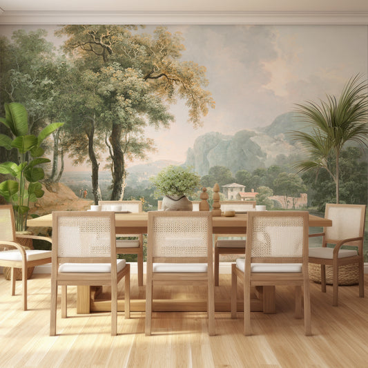Dale Wallpaper In Dining Room With Wooden Table And Chairs