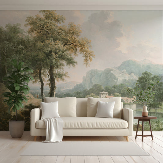 Dale Wallpaper In Living Room With White Sofa, Cushions And Blankets With Green Tall Plants Either Side Of The Sofa