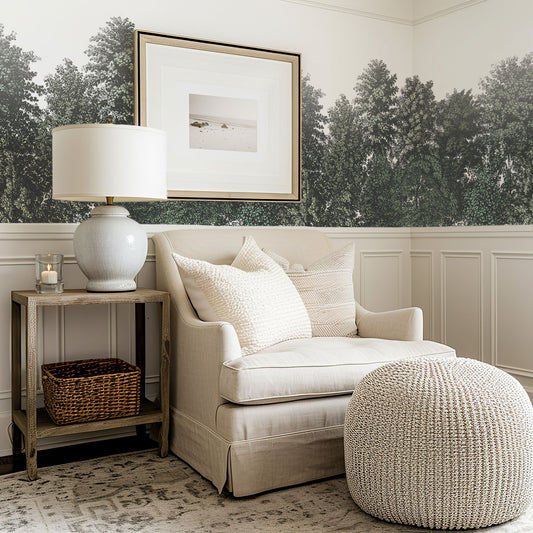 Deciduous Summer in living room with white armchair and panelling