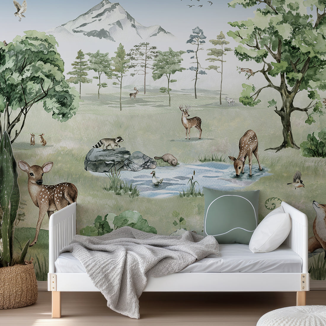 Animaux et Arbres des Bois Illustration Aquarelle - Removable Wallpaper (Peel & Stick)