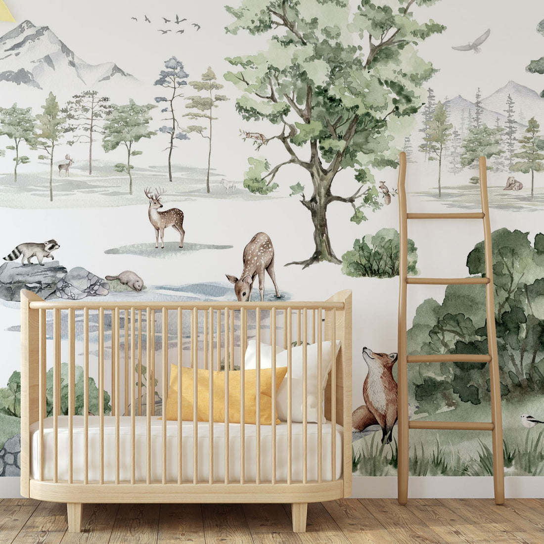 Papier Peint Illustration Aquarelle d'Animaux et d'Arbres des Bois - Removable Wallpaper (Peel & Stick)