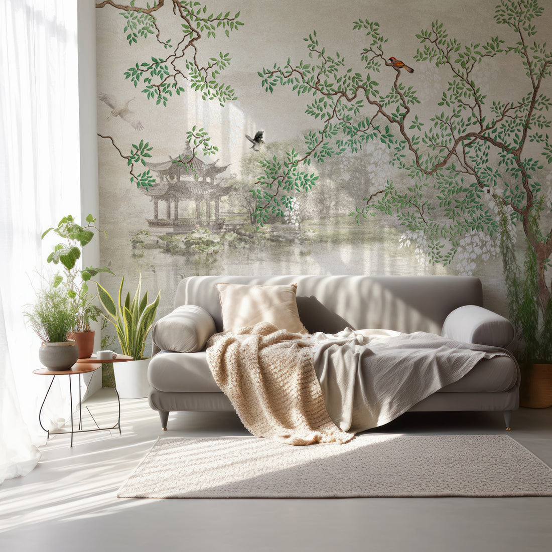 Papier Peint Panoramique Chinoiserie avec Arbres et Oiseaux sur un Lac - Removable Vinyl (Peel & Stick)