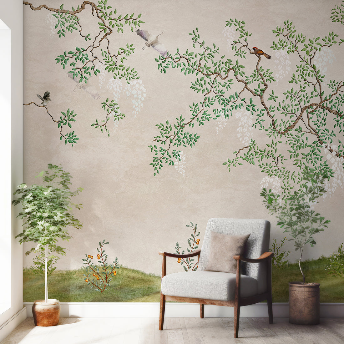Papier Peint Panoramique Arbres et Oiseaux au Bord d’une Rivière - Removable Wallpaper (Peel & Stick)