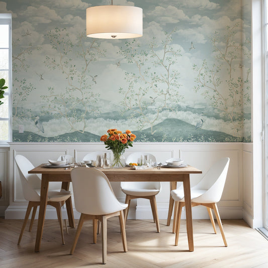 Dining room with a wooden table and white chairs against a scenic wall mural.