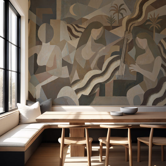 Dining area with a large abstract mural on the wall