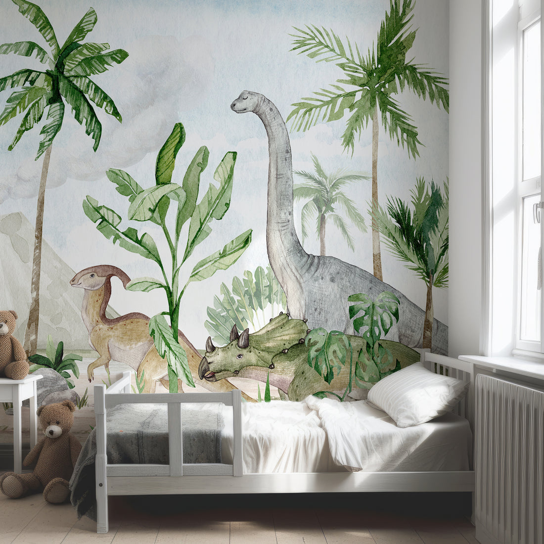 Papier Peint Panoramique Vert Aquarelle Dinosaures et Arbres - Removable Vinyl (Peel & Stick)