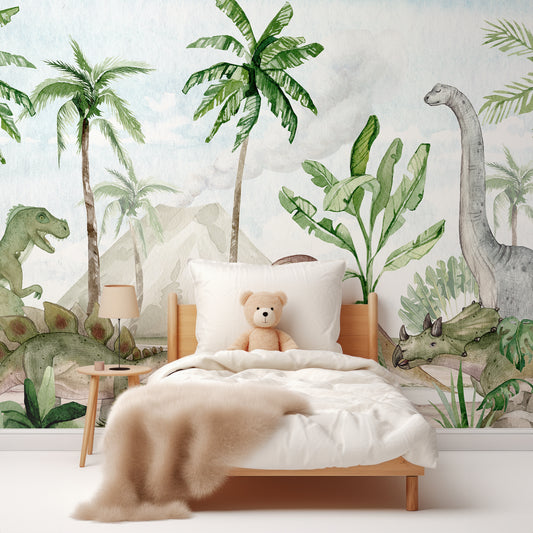 Dino Joy Wallpaper In Children's Bedroom With White Bed And Fluffy Beige Blanket With Teddy Bear In The Bed