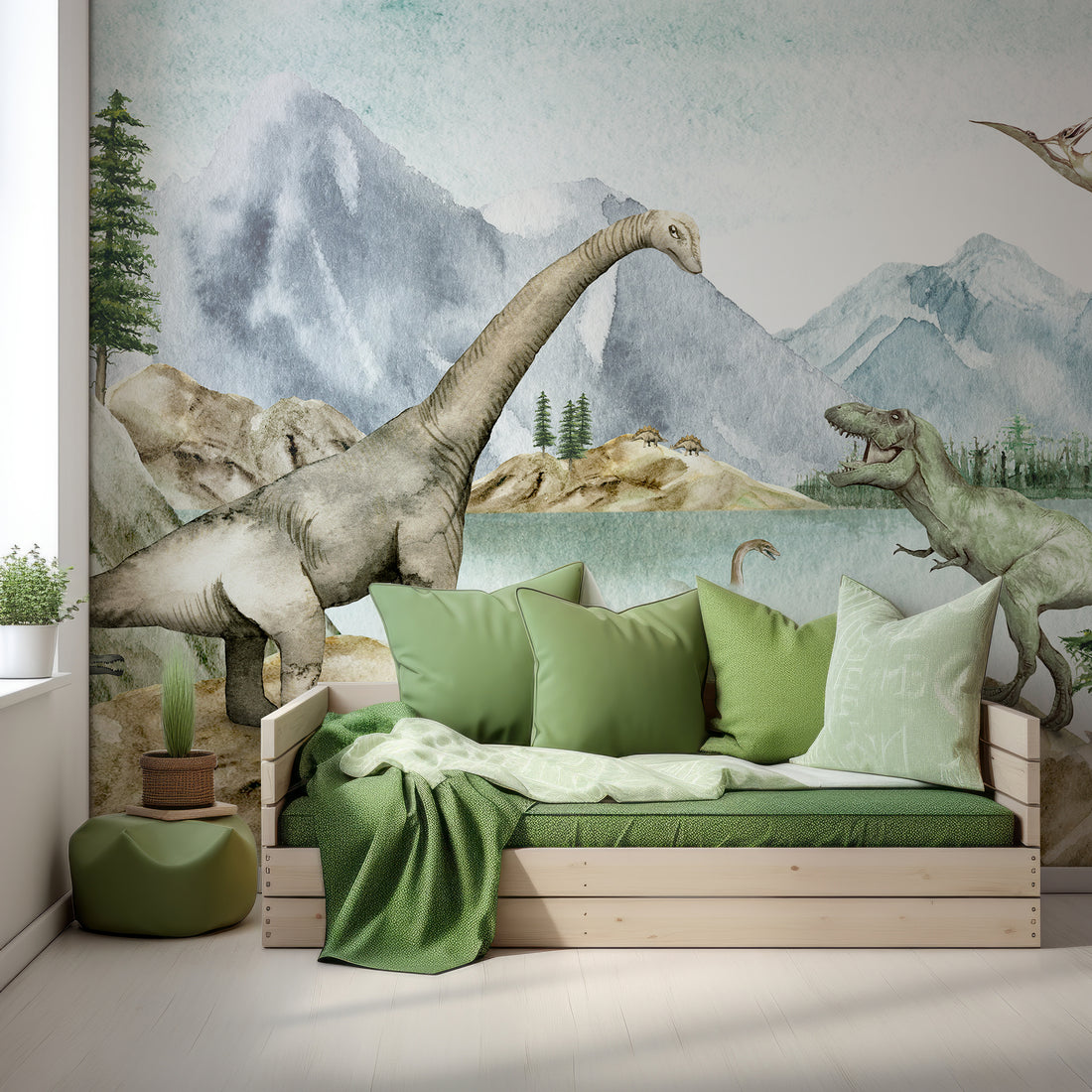 Papier Peint Fresque Dinosaure à l'Aquarelle pour Enfants - Removable Vinyl (Peel & Stick)