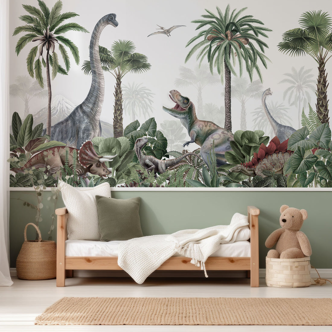 Papier Peint Panoramique Illustration Aquarelle Dinosaures et Arbres - Removable Vinyl (Peel & Stick)