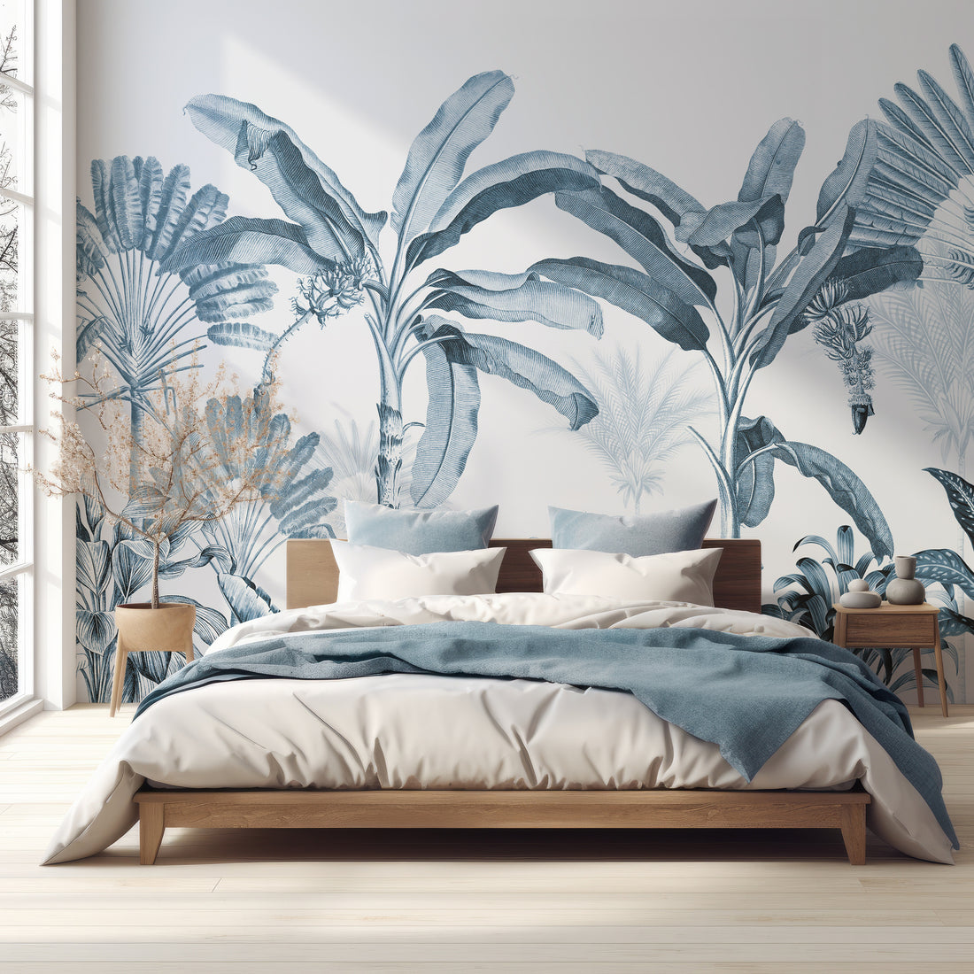 Papier Peint Fresque Scène Tropicale Vintage Bleue - Traditional Wallpaper (Paste-the-Wallpaper)