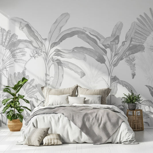 Dominica Mono Wallpaper In Bedroom With Grey And White Bedding With Two Green Plants Either Side of The Bed In Wooden Plant Pots