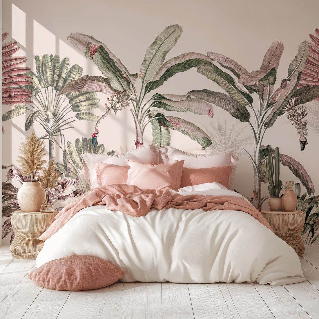 Papier peint mural jungle vintage vert et rose - Traditional Wallpaper (Paste-the-Wall)