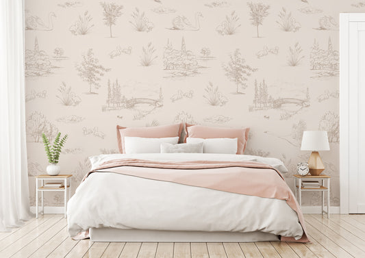 Eilph Wallpaper with a White Bed and Side Tables