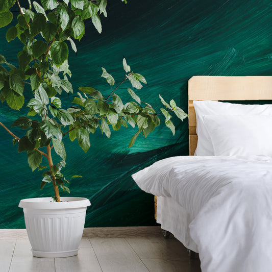 Emerald Brushstrokes In Bedroom With White Bed & Large Green Plant In White Plant Pot
