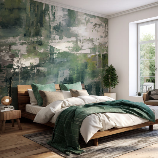 Emerald Forest Oasis Wallpaper In Bedroom With Green Bedding And Wooden Bed With Large Window Letting Lots Of Light In
