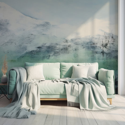 Emerald Peak Wallpaper In Living Room With Light Mint Green Sofa, Cushions And Blankets