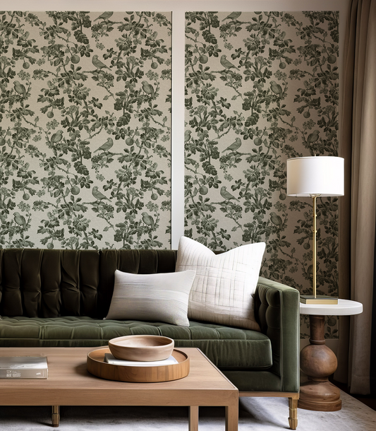 Living room with green floral wallpaper, green sofa, and wooden coffee table.