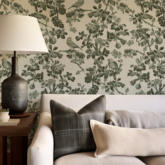 Living room with floral wallpaper, lamp, and sofa with decorative pillows.