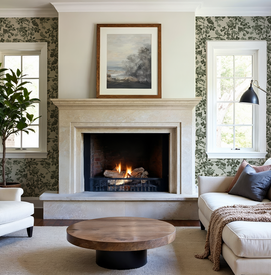 Living room with fireplace, floral wallpaper, and a cozy sofa.