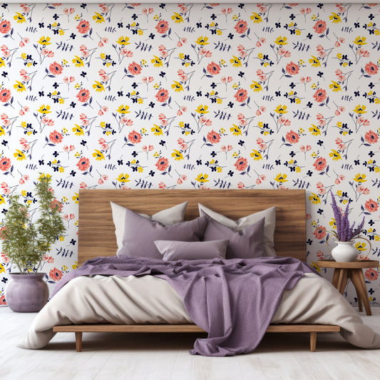 Emplems Floral Wallpaper In Bedroom With Purple Queen Size Bedding On A Dark Wooden Bed With Green Plants