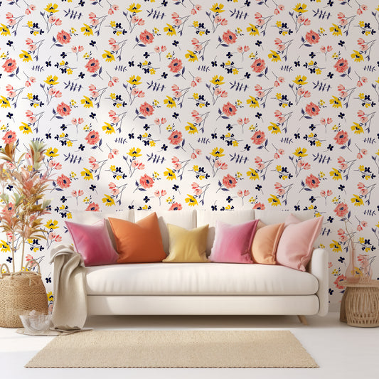 Emplems Floral Wallpaper In Living Room With White Cream Sofa & Multi-Colored Pink Cushions