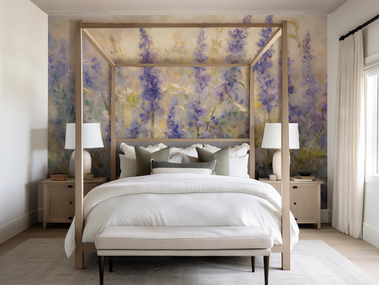 Bedroom with a four-poster bed and floral wall art