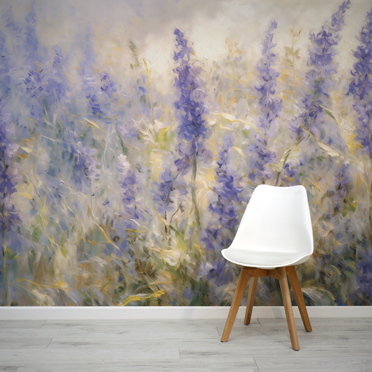 Simple white chair with a impressionist soft pastel floral scene wallpaper