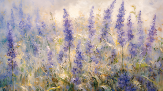 Painting of lavender flowers in a field with soft, diffused colors.