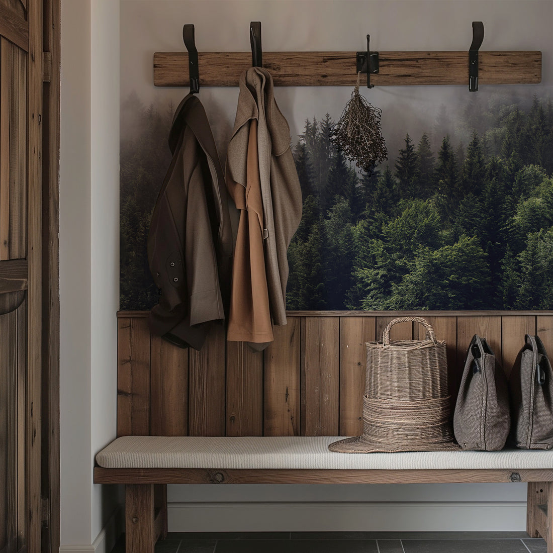 Papier Peint Panoramique Scandinave Forêt Humide et Brumeuse Verte - Removable Wallpaper (Peel & Stick)