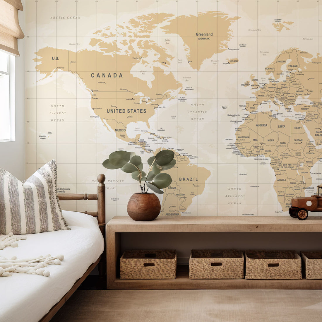 Papier Peint Fresque Carte du Monde Vintage Marron et Beige Détaillée - Removable Vinyl (Peel & Stick)